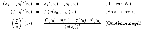 $ \mbox{$\displaystyle
\begin {array}{rcll}
(\lambda f + \mu g )'(z_0) &=& \lam...
...g'(z_0)}{(g(z_0))^2} & \text {(Quotientenregel)} \vspace{2mm}\\
\end{array}$}$