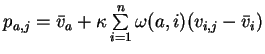 $p_{a,j}=\bar{v}_a+\kappa\sum\limits_{i=1}^{n}\omega(a,i)(v_{i,j}-\bar{v}_i)$