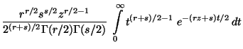 $\displaystyle \frac{r^{r/2}s^{s/2}z^{r/2-1}}{2^{(r+s)/2}\Gamma(r/2)\Gamma(s/2)}\;\int\limits_0^\infty
t^{(r+s)/2-1}\;e^{-(rz+s)t/2}\,dt$