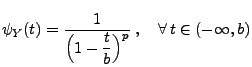 $\displaystyle \psi_Y(t)=\frac{1}{\Bigl(1-\displaystyle\frac{
 t}{b}\Bigr)^p}\;,\quad\forall\,
 t\in(-\infty,b)$