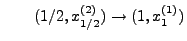 $\displaystyle \qquad
(1/2,x_{1/2}^{(2)})\to(1,x_1^{(1)})
$