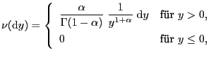 $\displaystyle \nu({\rm d}y)=\left\{\begin{array}{ll}\displaystyle \frac{\alpha}...
...ha}}\;{\rm d}y &\mbox{fr $y>0$,}\  0 &\mbox{fr $y\le 0$,} \end{array}\right.$