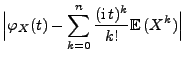$\displaystyle \Bigl\vert\varphi_X(t)-\sum\limits_{k=0}^n\frac{({\rm i}\,
t)^k}{k!}{\mathbb{E}\,}(X^k)\Bigr\vert$