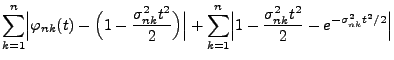 $\displaystyle \sum\limits_{k=1}^n\Bigl\vert\varphi_{nk}(t)-\Bigl(1-
\frac{\sigm...
...1}^n\Bigl\vert 1-\frac{\sigma_{nk}^2
t^2}{2}-e^{-\sigma_{nk}^2 t^2/2}\Bigr\vert$