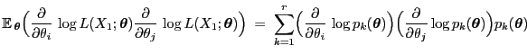 $\displaystyle {\mathbb{E} }_{\boldsymbol{\theta}}\Bigl(
\frac{\partial}{\parti...
...partial\theta_j}\log
p_k({\boldsymbol{\theta}})\Bigr)p_k({\boldsymbol{\theta}})$