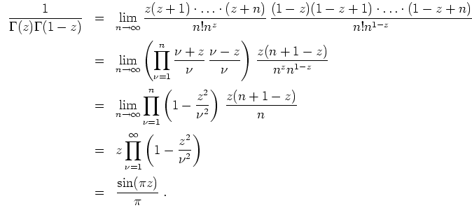 $ \mbox{$\displaystyle
\begin{array}{rcl}
\dfrac{1}{\Gamma(z)\Gamma(1-z)}
&=& \...
...2}{\nu^2}\right)\vspace*{2mm}\\
&=& \dfrac{\sin(\pi z)}{\pi}\;.
\end{array}$}$