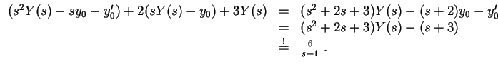 $ \mbox{$\displaystyle
\begin{array}{rcl}
(s^2 Y(s) - s y_0 - y'_0) + 2 ( s Y(...
...+ 3) Y(s) - (s+3) \\
& \overset{!}{=} & \frac{6}{s-1}\; . \\
\end{array}$}$