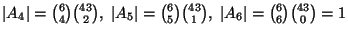 $ \left\vert A_{4}\right\vert ={6\choose 4} {43\choose
2},\;\left\vert A_{5}\rig...
...ose 5}{43\choose 1},\;
\left\vert A_{6}\right\vert ={6\choose 6}{43\choose 0}=1$