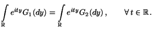 $\displaystyle \int\limits_\mathbb{R}e^{it y}G_1(dy)=\int\limits_\mathbb{R}
 e^{ity}G_2(dy)\,,\qquad\forall\,t\in\mathbb{R}\,.$