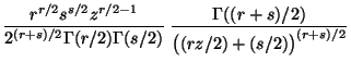 $\displaystyle \frac{r^{r/2}s^{s/2}z^{r/2-1}}{2^{(r+s)/2}\Gamma(r/2)\Gamma(s/2)}\;
\frac{\Gamma((r+s)/2)}{\bigl((rz/2)+(s/2)\bigr)^{(r+s)/2}}$