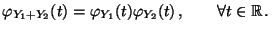 $\displaystyle \varphi_{Y_1+Y_2}(t)=\varphi_{Y_1}(t)\varphi_{Y_2}(t)\,,\qquad
\forall t\in\mathbb{R}\,.
$
