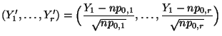 $\displaystyle (Y_1^\prime,\ldots,Y_r^\prime)=\Bigl(\frac{Y_1-np_{0,1}}{\sqrt{np_{0,1}}},\ldots,
\frac{Y_1-np_{0,r}}{\sqrt{np_{0,r}}}\Bigr)
$