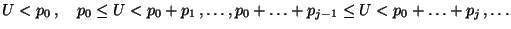 $\displaystyle U<p_0\,,\quad p_0\le U<p_0+p_1\,,\ldots, p_0+\ldots+p_{j-1}\le U<p_0+\ldots+p_j\,,\ldots$