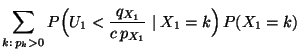 $\displaystyle \sum\limits_{k:\, p_k>0}
P\Bigl(U_1<\frac{q_{X_1}}{c\,p_{X_1}}\mid X_1=k\Bigr)\,P(X_1=k)$