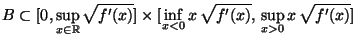 $\displaystyle B \subset [0,\sup_{x\in\mathbb{R}} \sqrt{f^\prime(x)}]\times[\inf_{x<0} x\,\sqrt{f^\prime(x)},\, \sup_{x>0} x\,\sqrt{f^\prime(x)}]$