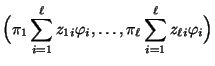 $\displaystyle \Bigl(\pi_1\sum\limits_{i=1}^\ell z_{1i}\varphi_i
,\ldots,\pi_\ell\sum\limits_{i=1}^\ell z_{\ell i }\varphi_i
\Bigr)$