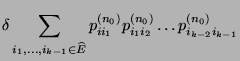 $\displaystyle \delta\sum_{i_1,\ldots,i_{k-1}\in\widehat E} p^{(n_0)}_{ii_1}
p^{(n_0)}_{i_1i_2}\ldots p^{(n_0)}_{i_{k-2}i_{k-1}}$