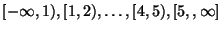 $\displaystyle [-\infty,1),[1,2),\ldots, [4,5),[5,,\infty]
$