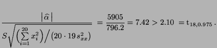 $\displaystyle \frac{\bigl\vert\,\widehat\alpha\,\bigr\vert}{S\sqrt{\Bigl(\sum\l...
...t 19\,
s^2_{xx}\bigr)}}\;=\frac{5905}{796.2}=7.42>2.10\;={\rm t}_{18,0.975}\,.
$