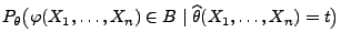 $\displaystyle { P_\theta\bigl(\varphi(X_1,\ldots,X_n)\in B
\mid\widehat\theta(X_1,\ldots,X_n)=t\bigr)}$