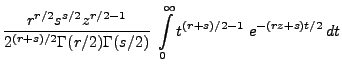 $\displaystyle \frac{r^{r/2}s^{s/2}z^{r/2-1}}{2^{(r+s)/2}\Gamma(r/2)\Gamma(s/2)}\;\int\limits_0^\infty
t^{(r+s)/2-1}\;e^{-(rz+s)t/2}\,dt$