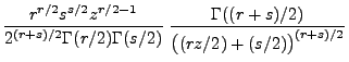 $\displaystyle \frac{r^{r/2}s^{s/2}z^{r/2-1}}{2^{(r+s)/2}\Gamma(r/2)\Gamma(s/2)}\;
\frac{\Gamma((r+s)/2)}{\bigl((rz/2)+(s/2)\bigr)^{(r+s)/2}}$