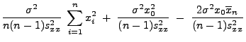 $\displaystyle \frac{\sigma^2}{n(n-1)s^2_{xx}}\;\sum\limits_{i=1}^n
x_i^2\;+\; \...
...^2 x_0^2}{(n-1)s^2_{xx}}\;
-\;\frac{2\sigma^2 x_0 \overline x_n}{(n-1)s^2_{xx}}$
