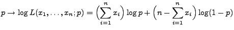 $\displaystyle p\to
\log L(x_1,\ldots,x_n;p)=\Bigl(\sum\limits _{i=1}^n
x_i\Bigr)\log p+\Bigl(n-\sum\limits _{i=1}^n x_i\Bigr)\log
(1-p)
$