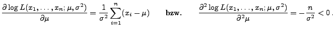 $\displaystyle \frac{\partial \log
L(x_1,\ldots,x_n;\mu,\sigma^2)}{\partial\mu}...
...og
L(x_1,\ldots,x_n;\mu,\sigma^2)}{\partial^2\mu}=
-\frac{n}{\sigma^2}<0\,.
$