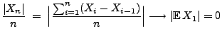$\displaystyle \frac{\vert X_n\vert}{n}\;=\;\Bigl\vert\frac{\sum_{i=1}^n(X_i-X_{i-1})}{n}\Bigr\vert\longrightarrow
\vert{\mathbb{E}\,}X_1\vert=0
$
