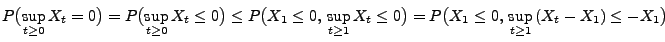 $\displaystyle {P\bigl(\sup_{t\ge 0}X_t =0\bigr)= P\bigl(\sup_{t\ge 0}X_t
\le 0\...
...1} X_t \le 0\bigr) =
P\bigl(X_1\le
0,\,\sup_{t\ge 1}\,(X_t-X_1) \le -X_1\bigr)}$