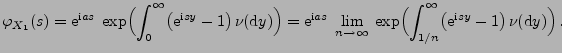 $\displaystyle \varphi_{X_1}(s) = {\rm e}^{{\rm i}as}\;\exp\Bigl(\int_0^\infty
\...
...l(\int_{1/n}^\infty \bigl({\rm e}^{{\rm i}sy}-1 \bigr)\,\nu({\rm d}y)\Bigr)\,.
$