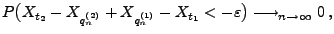 $\displaystyle \displaystyle P\bigl(X_{t_2}-X_{q_n^{(2)}}+X_{q_n^{(1)}}
-X_{t_1}<-\varepsilon\bigr)\longrightarrow_{n\to\infty} 0\,,$