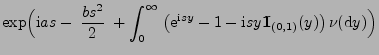 $\displaystyle \exp\Bigl({\rm i}as-\;\frac{bs^2}{2}\;+\int_0^\infty\;\bigl({\rm ...
... i}sy}-1-{\rm i}sy{1\hspace{-1mm}{\rm I}}_{(0,1)}(y)\bigr)\,\nu({\rm d}y)\Bigr)$