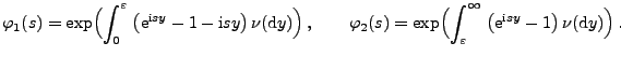 $\displaystyle \varphi_1(s) =\exp\Bigl(\int_0^\varepsilon\;\bigl({\rm e}^{{\rm i...
..._\varepsilon^\infty\;\bigl({\rm e}^{{\rm i}sy}-1\bigr)\,\nu({\rm d}y)\Bigr)\,.
$