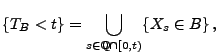 $\displaystyle \{T_B<t\}=\bigcup_{s\in\mathbb{Q}\cap[0,t)} \{X_s\in B\}\,,
$