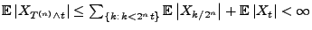 $ {\mathbb{E}\,}\vert X_{T^{(n)}\land t}\vert\le \sum_{\{k:\,k< 2^nt\}} {\mathbb{E}\,}\bigl\vert
X_{k/2^n}\bigr\vert +{\mathbb{E}\,}\vert X_t\vert<\infty$