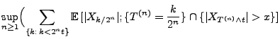 $\displaystyle \sup_{n\ge 1}\Bigl(\sum_{\{k:\,k<2^nt\}}{\mathbb{E}\,}[\vert
X_{k/2^n}\vert; \{T^{(n)}=\frac{k}{2^n}\}\cap\{
\vert X_{T^{(n)}\land t}\vert>x\}]$