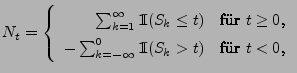 $\displaystyle N_t=\left\{\begin{array}{rl} \sum_{k=1}^\infty {1\hspace{-1mm}{\r...
...nfty}^0 {1\hspace{-1mm}{\rm I}}(S_k> t) & \mbox{für $t< 0$,} \end{array}\right.$
