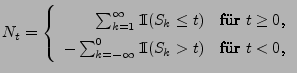 $\displaystyle N_t=\left\{\begin{array}{rl} \sum_{k=1}^\infty {1\hspace{-1mm}{\r...
...nfty}^0 {1\hspace{-1mm}{\rm I}}(S_k> t) & \mbox{fr $t< 0$,} \end{array}\right.$