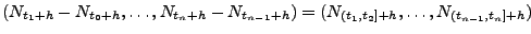 $\displaystyle { (N_{t_1+h}-N_{t_0+h},\ldots,N_{t_n+h}-N_{t_{n-1}+h}) =
(N_{(t_1,t_2]+h},\ldots,N_{(t_{n-1},t_n]+h})\hspace{6cm}}$