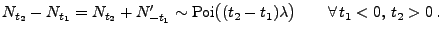 $\displaystyle N_{t_2}-N_{t_1}=N_{t_2}+N^\prime_{-t_1}\sim{\rm Poi}\bigl((t_2-t_1)\lambda\bigr)\qquad\forall\,t_1<0,\,t_2>0\,.
$