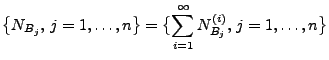 $\displaystyle \bigl\{N_{B_j},\,j=1,\ldots,n\bigr\}=\bigl\{\sum_{i=1}^\infty
N^{(i)}_{B_j},\,j=1,\ldots,n\bigr\}
$