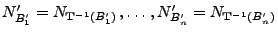 $\displaystyle N^\prime_{B_1^\prime} =N_{{\mathbf{T}}^{-1}(B_1^\prime)}\,,\ldots\,,
N^\prime_{B_n^\prime} =N_{{\mathbf{T}}^{-1}(B_n^\prime)}
$