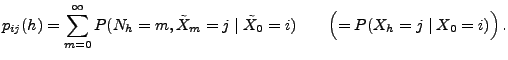 $\displaystyle p_{ij}(h)=\sum_{m=0}^\infty P( N_{h}=m,\tilde X_m=j\mid \tilde
X_0=i)\qquad \Bigl(=P(X_h=j\mid X_0=i)\Bigr)\,.
$