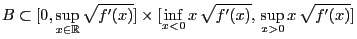 $\displaystyle B \subset [0,\sup_{x\in\mathbb{R}} \sqrt{f^\prime(x)}]\times[\inf_{x<0} x\,\sqrt{f^\prime(x)},\, \sup_{x>0} x\,\sqrt{f^\prime(x)}]$