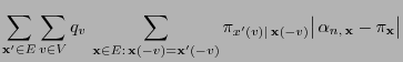 $\displaystyle \sum\limits_{{\mathbf{x}}^\prime\in
E}\sum\limits_{v\in V} q_v\,\...
...bf{x}}(-v)} \bigl\vert\,\alpha_{n,\,{\mathbf{x}}}
-\pi_{{\mathbf{x}}}\bigr\vert$