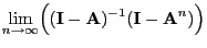 $\displaystyle \lim\limits_{n\to\infty}\Bigl(({\mathbf{I}}-{\mathbf{A}})^{-1}({\mathbf{I}}-{\mathbf{A}}^n)\Bigr)$