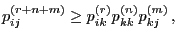 $\displaystyle p^{(r+n+m)}_{ij}\ge p^{(r)}_{ik}p^{(n)}_{kk}p^{(m)}_{kj}\,,
$