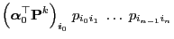 $\displaystyle \Bigl({\boldsymbol{\alpha}}_0^\top{\mathbf{P}}^k\Bigr)_{i_0}\;p_{i_0
i_1}\;\ldots\; p_{i_{n-1}i_n}$